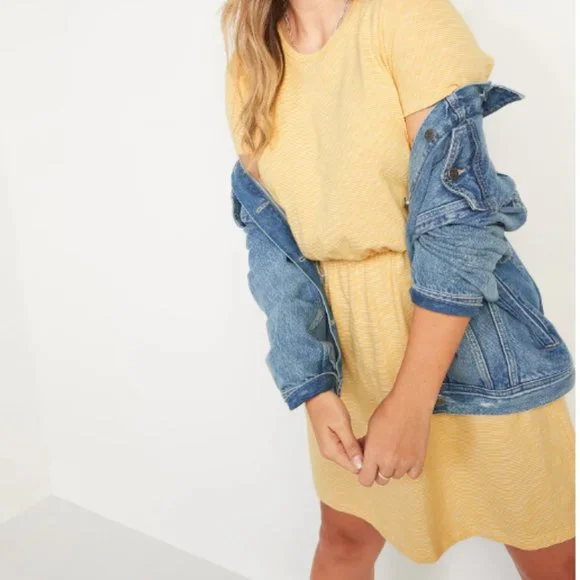 Old Navy | Dresses | Old Navy Waist Defined Yellow White Striped Slubknit  Mini Tshirt Dress Nwot | Poshmark